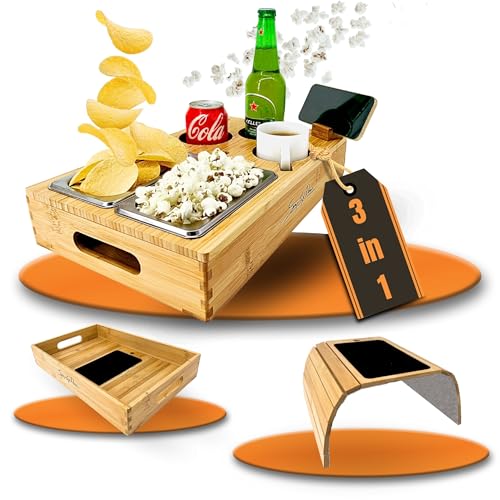 SIMPLEX DOMO Couchbar Snackbox mit anpassbarer Couch Ablage | Couch Organizer umbaubar | hochwertiger Bambus | Couchtablett mit Getränkehalter für Tassen | In- und Outdoor | Für die ganze Familie