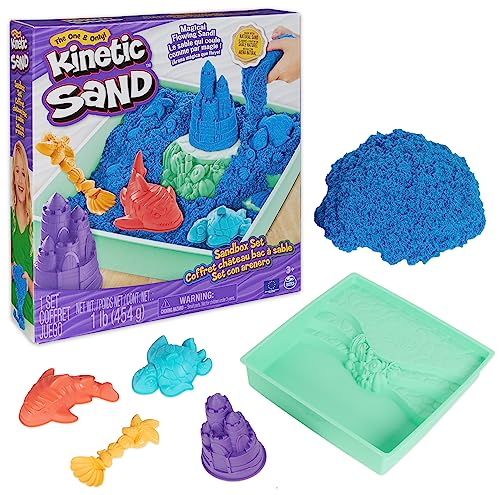 Kinetic Sand Sandbox Set Blau - mit 454 g original magischem kinetischem Sand aus Schweden, 1 Sandbox, 3 Förmchen, 1 Schaufel für kreatives Indoor-Sandspiel, für Kinder ab 3 Jahren