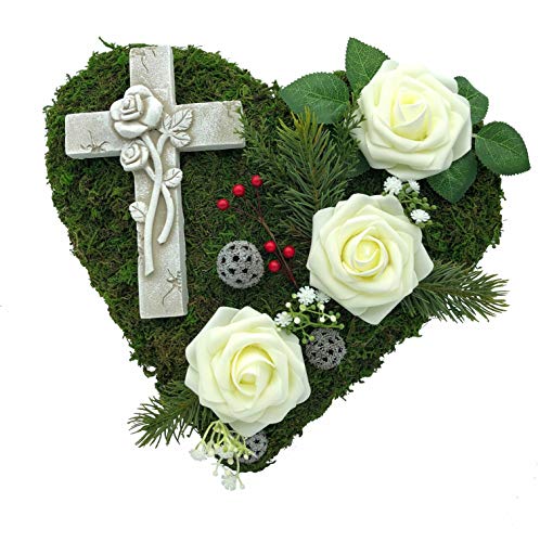 Grabgesteck Grabschmuck Grabaufleger Moosherz Grabherz Trauerherz Grab Herz Gesteck Rosen mit Kreuz (Rosen Weiß)