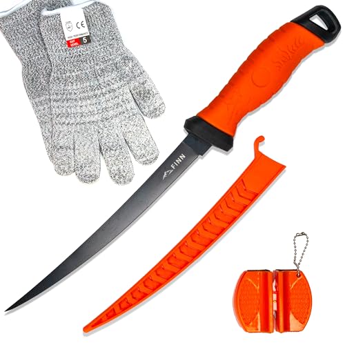 FINN Outdoors Filetiermesser Set Edelstahl Angelmesser, Fischmesser, Ausbeinmesser mit 2in1 Messerschärfer, scharfes Messer zum Angeln & Filetieren, Schnittschutzhandschuhe (orange)