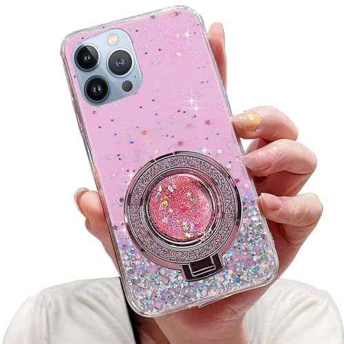 Tivenfezk Nadoli Sparkle Treibsand Ständer Hülle für iPhone 13 Pro Max,Versteckt Ständer Ring Klar Glitzer Stern Handyhülle Durchsichtig Bling Schutzhülle Case Cover,Rosa