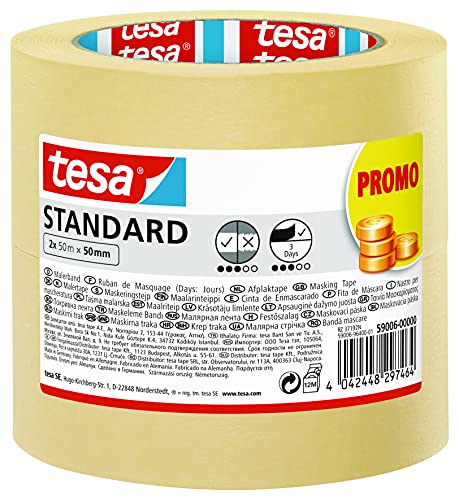 tesa Malerband Standard - 2er Pack - Malerabdeckband mit starker Haftung zum Abkleben bei Malerarbeiten - lösungsmittelfrei - 2 x 50 m x 50 mm