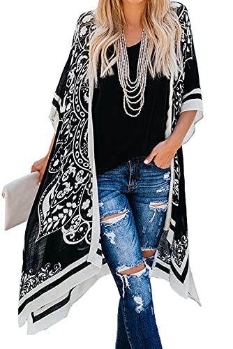 S-kini Damen Kimono Cardigan Sommer Strandkleid Lang Chiffon Strandponcho Pareo Boho Bikini (Schwarz)