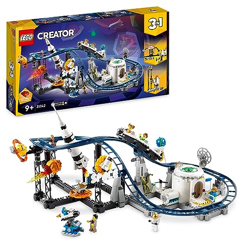 LEGO 31142 Creator 3-in-1 Weltraum-Achterbahn, Bausatz Einer Spielzeug-Kirmes mit funktionierenden Wägen, umbaubar in frei fallenden Fallturm oder Karussell mit Raketen und leuchtenden Steinen