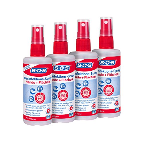 SOS Desinfektions-Spray, 4 x 100 ml Sprühflasche, Handdesinfektion gegen 99,99% der Bakterien, Pilze und Viren*, geeignet zur Desinfektion von Flächen und Gegenständen