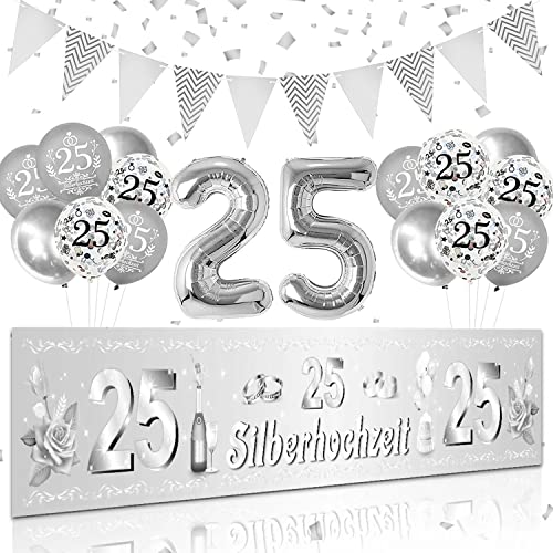 Silberhochzeit Deko, 25 Jahre Silberhochzeit Luftballons, Lang 25 Silber Hintergrund Banner Girlande für Silberne Hochzeit 25. Hochzeitstag Deko