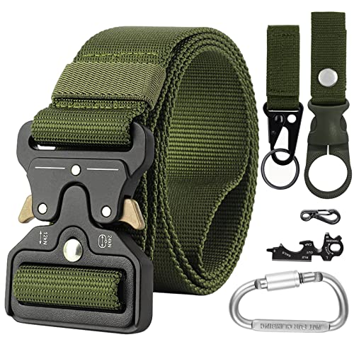 Simpeak Taktischer Gürtel, 1,5 x 49,2 Zoll, Hochleistungs Gürtel Herren, Militär Stil Buckle Gürtel mit 5 Zubehör, Nylon Schnellspanner Security Gürtel für Outdoor Arbeit Jagen, Armee Grün