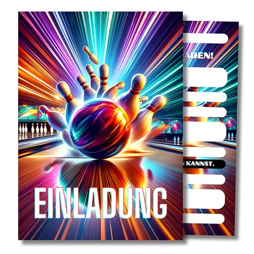 HIDEBLOOM I Bowling Einladungskarten Kindergeburtstag Jungen I 12 Stück I DIN A6 (10,5 cm x 14,8 cm) I Einladung Geburtstag I Kinderparty I Einladungskarten Bowling I Teens I Postkarten Kinder