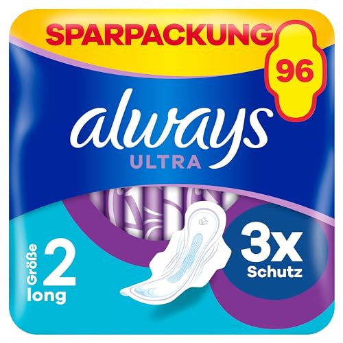 Always Ultra Binden Damen Gr. 2, Long, 96 Damenbinden mit Flügeln (3 x 32 Stück) Multipack, ultradünn und super absorbierend