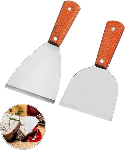 2 Pcs Pfannenwender Grillwender Stahl Grillspachtel ZubehöR Grillbesteck Bbq Spachtel Grillschaber Aus Edelstahl Mit Genietetem Holzgriff, FüR KüChen Food Service, Reinigungsmittel, Grillrestaurants