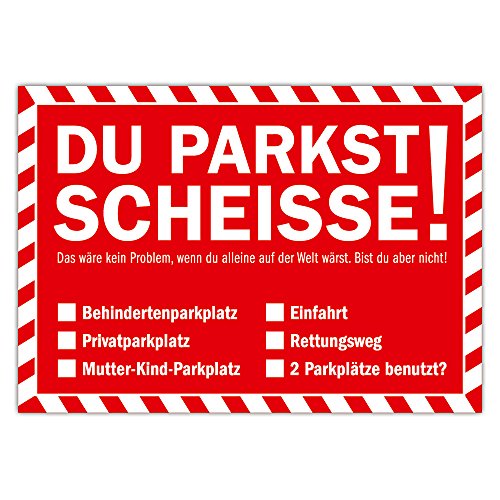 Falschparker Verwarnung - Notizzettel Rot Strafzettel für die Windschutzscheibe 50er Block "DU PARKST SCHEISSE!"