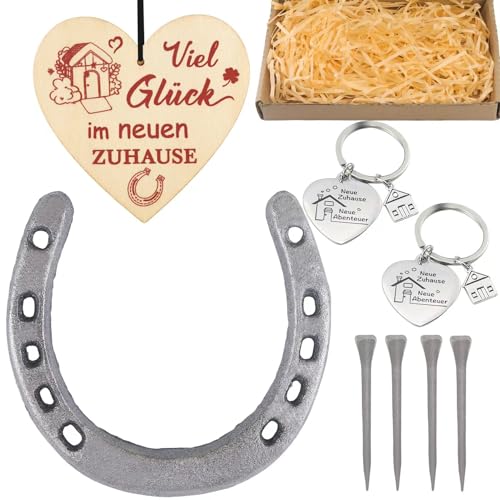 TUZHE Hufeisen Einzugsgeschenke Haus Set, Hochzeit Geschenk Einzugsgeschenke Wohnung, Einschließlich 1 Hufeisen, 1 Hölzerner Glücksbringer, 2 Schlüsselanhänger, 4 Hufeisennägel und Geschenkbox