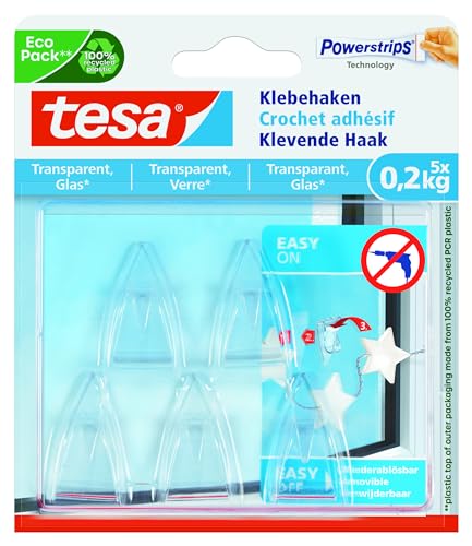 tesa Klebehaken für transparente Oberflächen und Glas (0,2 kg) - Durchsichtige, selbstklebende Haken - Bis zu 0,2 kg Halteleistung pro Haken, 5-er Pack