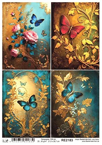 Josys Bastelmärchen Reispapier A4 Strohseide Vintage Gold Patina Blumen Schmetterling Shabby RE2183