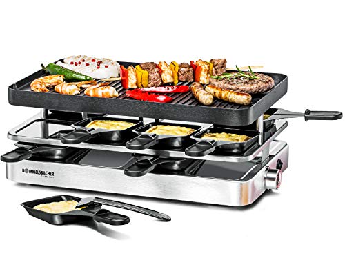 ROMMELSBACHER Raclette Grill RC 1400 - Wendeplatte zum Grillen & für Crepes, 8 Pfännchen, Antihaftbeschichtung, Ein/Ausschalter, stufenlose Temperaturregelung, Edelstahl, 1200 W