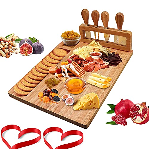 Käsebrett mit käsemesser Dinner-Set Servierplatte Charcuterie-Bretter Party-Tabletts personalisiert Holz-Geschenk für Housewarming, Weihnachten, Hochzeit, Geburtstage, Jahrestag (Bambus)