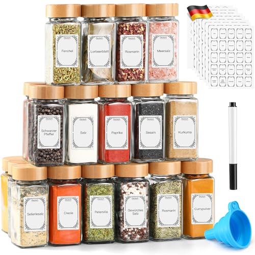 TUSEASY Gewürzgläser Eckig mit Bambusdeckel (24 Stück Set, 120ml), Gewürzbehälter Glas mit Gewürzetiketten Deutsch & Streueinsatz & Kreidestift, Gewürze Aufbewahrung Gewürz Organizer Spice Jars