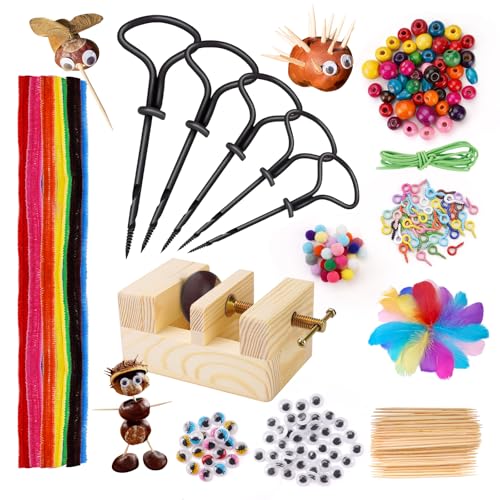 POFIBO Kastanienbohrer Kinder Set - Kastanienbohrer mit Halter, 328 tlg Kastanienset zum Basteln mit Kastanien, Kastanien Bastelset Kinder, Handbohrer Kastanien Bastelset, Herbst Basteln für Kinder