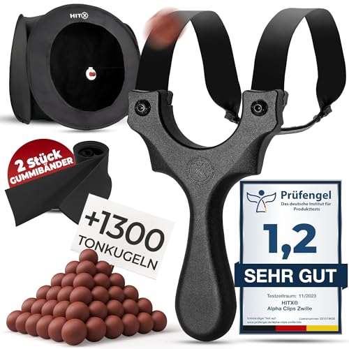 HITX® Zwille Steinschleuder Spar-Bundle [AC-Tokio] - 1x Alpha Clips Schleuder | 1300x Tonkugeln Munition | 2X Gummibänder Extra Stark | 1x Kugelfang mit Zubehör | Slingshot Bundle Set