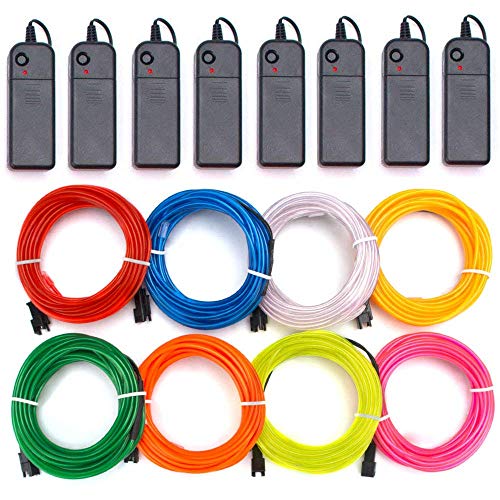 Mixtooltoys EL Draht 3 Modi Neonlicht Batteriebetriebener Elektrolumineszenzdraht Leuchtendes Stroboskop-Dekorationslicht für Xmas Party Pub (8x1m Rot Grün Blau Weiß Rosa Gelb Orange Zitrone)