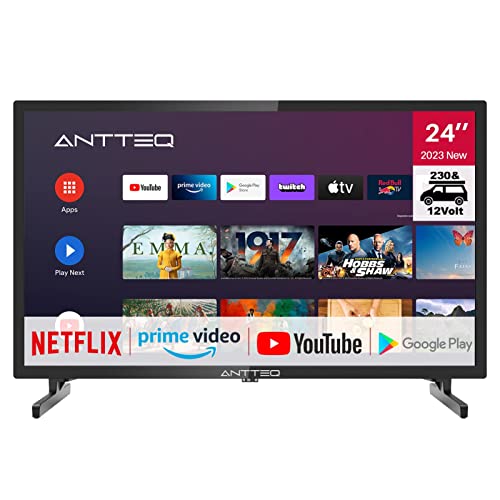 Antteq AG24N1C Android Fernseher 24 Zoll (61cm) Smart TV mit 12 Volt KFZ-Adapter, Hey Google, Chromecast, DAZN,Bluetooth-Sprachfernbedienung,Prime Video, Disney+, Wi-Fi, Triple Tuner, 230V/12V