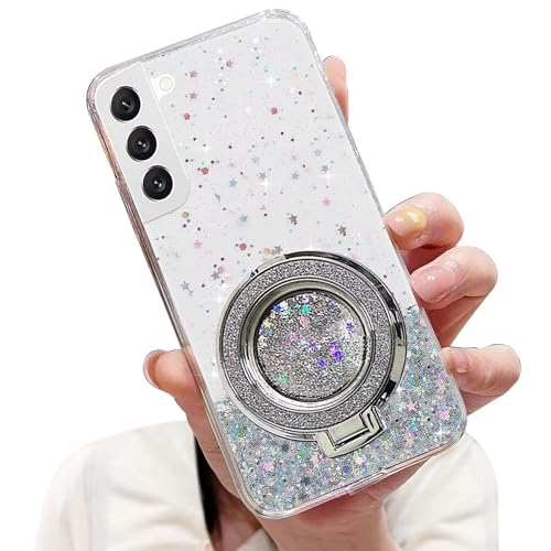 Tivenfezk Nadoli Sparkle Treibsand Ständer Hülle für Samsung Galaxy S22 Plus,Versteckt Ständer Ring Klar Glitzer Stern Handyhülle Durchsichtig Bling Schutzhülle Case Cover,Klar