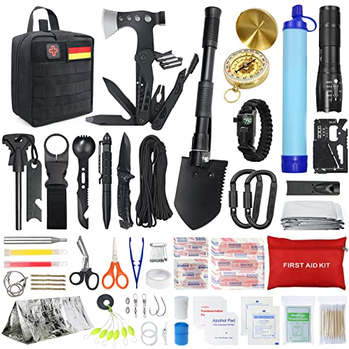 Außen Notfall Survival Kit mit Erste Hilfe Set, WayinTop 180PCS Survival Ausrüstung mit Wasserfilter Stroh Multi-Tool Hammer Axt, Geschenke für Männer Camping/Abenteuer/Wandern im Freien (Schwarz)