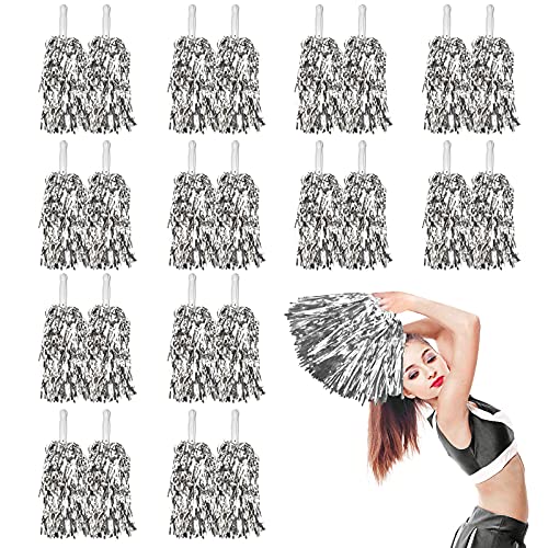 LINYAPRY 24 STK Metallisch Cheerleading Pompons zum Kinder, Cheerleader Jubeln Pom Poms mit Schlagstockgriff, Jubelnde Truppe Handblume zum Erwachsene Mannschaft Geist Sport Spiel Tanzparty (Silber)