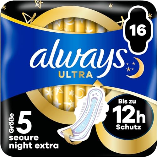 Always Ultra Binden Damen Gr. 5, Secure Night Extra (16 Damenbinden mit Flügeln) Big Pack, dünn und super saugfähig, geruchsneutralisierend und Auslaufschutz