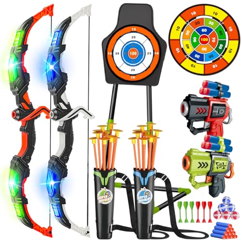 VATOS 2 Pack Pfeil und Bogen Spielzeug für Kinder 3-12 Jahre Jungen Mädchen, Light Up Bogenschießen Spielzeug mit Cup Suction Standing Target & 29 in Dart Board, Indoor Outdoor Activity Geschenk