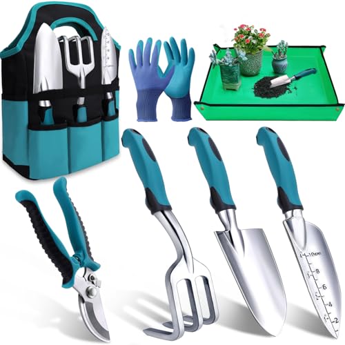 Kynup Gartenwerkzeug-Set, 7 Stück Garten Hand Werkzeuge, Rost-Sicht Gartenarbeit Set mit dauerhafter Aufbewahrungstasche, Ergonomischer Anti-Rutsch-Griff, ideale Gartengeschenke für Frauen und Männer