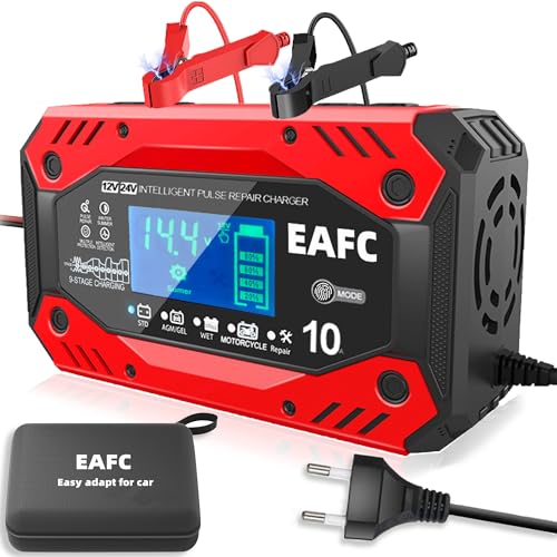 Neuer Autobatterie ladegerät EAFC 10A Smart Vollautomatisches Autobatterieladegerät mit Temperaturkompensation für zum Laden von Blei-Säure-Batterien von Rasenmähern, Autos, Motorrädern