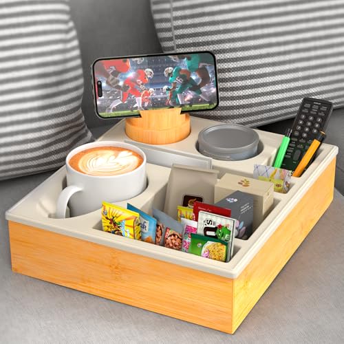 Couchbar Snackbox Silikon sofatablett mit 360 Grad Drehbar Handyhalter beistelltisch mit Holz Sofatablett für Sofa, Kino Deko, Couch Organizer Bar mit Getränkehalter - Snackbox mit Fächern(Khaki)