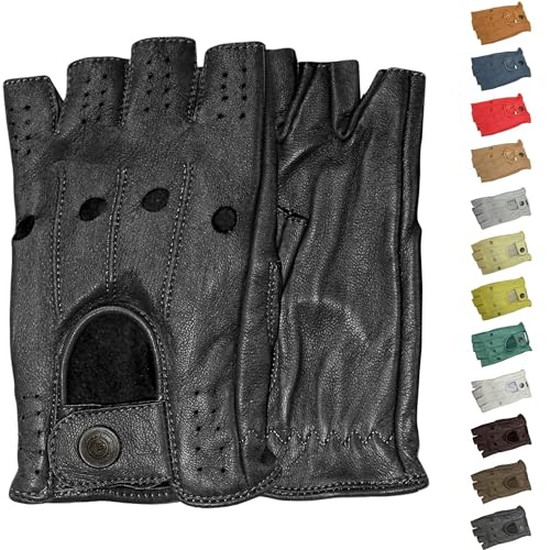 German Wear Driving Halbfinger Fingerlose Autofahrer-Handschuhe Lederhandschuhe, 9=L, Schwarz