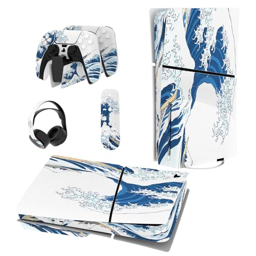 PlayVital Skin Sticker für ps5 Slim Konsole Disc Edition,Aufkleber Vinyl-Skin Stickers Schutzfolie Folie für ps5 Controller,Ladestation, Headset,Medienfernbedienung-The Great Wave Off Kanagawa