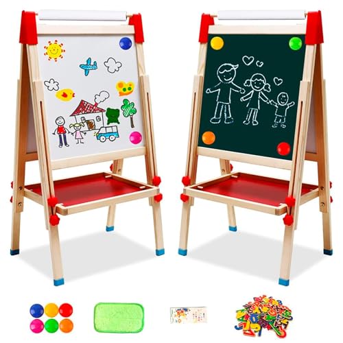 NUKied Kindertafel aus Holz mit Papierrolle Doppelseitige Whiteboard und Tafel Kinder Staffelei mit Zahlen und Anderem Zubehör für Kinder und Kleinkinder (T04)