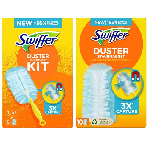 Swiffer Staubmagnet Trap & Lock Starterset (1 Staubwedel + 15 Tücher), nimmt 3x mehr Staub & Haare auf und schließt diese ein