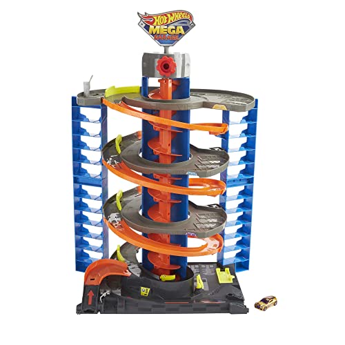 Hot Wheels Garage, Hot Wheels Parkgarage inkl. 1 Spielzeugauto, mit Autorennbahn, Auto Spielzeug Aufzug, Spurwechsler und Platz für +60 Autos, Höhe: 70cm, Spielzeug ab 4 Jahre, HFH03