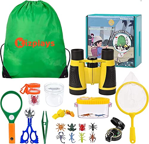 Kizplays Forscherset für Kinder, Fernglas für Kinder 22-teiliges Entdecker Set mit Insektenfänger, Kompass, Becherlupe, Mikroskop Camping, Naturerkundungen und Abenteuer Geschenk für Kinder