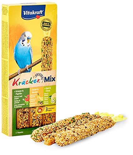 Vitakraft Kräcker Mix, Vogelsnack, für Wellensittiche, Knabberstangen, mit Kräutern und Paprika, mit Kiwi und Citrus, mit Banane und Sesam, ohne Zusatz von Zucker (1x 3 Stück)