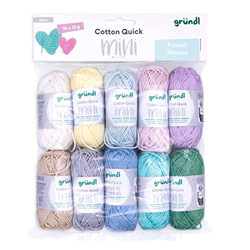 Gründl Wolle Cotton Quick Mini Shades of Pastell Set zum Stricken und Häkeln 10 x 15 g, 100% Baumwolle, 15 g / 37 m, Pastellfarben