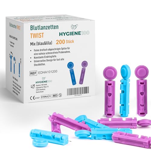 Diabetes-Blutlanzetten – Packung mit 200 diabetischen Universal-Lanzetten für Blut- und Glukosetests – passend für die meisten Stechhilfen – Einmalgebrauch, 28 g, 30 g – Blau und Lila