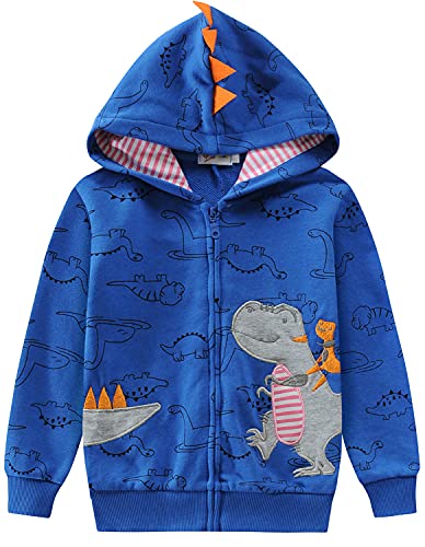 EULLA Kinder Jungen Zip Up Hoodie Sweatjacke Kapuzenjacke Dino Kapuzenpullover Langarm Baumwolle Pullover Hoody Sweatshirt mit Reißverschluss 2# Blau Dinosaurier DE 110