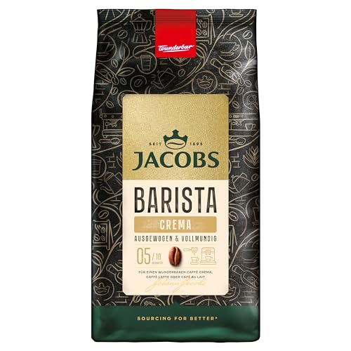 Jacobs Barista Crema Kaffeebohnen 1kg – Ausgewogen, Zitrusnote, Nussig, Arabica & Robusta Bohnen, Intensität 5/10, ideal für Kaffee Crema