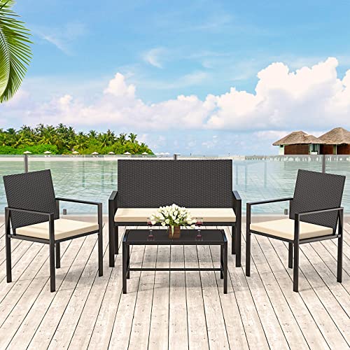 bigzzia Gartenmöbel Set, Rattan Garten Terrasse Outdoor Möbel 4 Teilig Set, einschließlich 2 Sessel, 1 Doppelsitzsofa mit stabilem Stahlgriff und 1 Tisch aus gehärtetem Glas, Schwarz