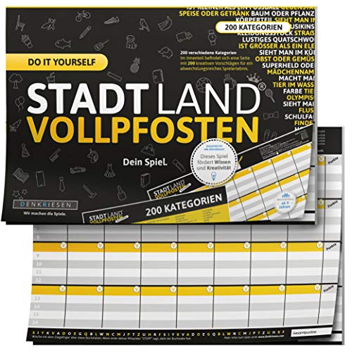 DENKRIESEN - Stadt Land VOLLPFOSTEN® - DO IT Yourself-Edition | Reisespiel | Familienspiel | Wichtelgeschenk Partyspiel | Stadt Land Fluss | Spielblock