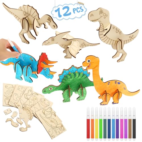 tiopeia 24 Stück Dinosaurier Holz Bastelset für Kinder Drachen Geburtstag,3D Puzzle Holz zum Bemalen und Basteln DIY Dino Holzbastelsets Kreative Kinderspielzeug Bemalen Handwerk für Jungen Mädchen