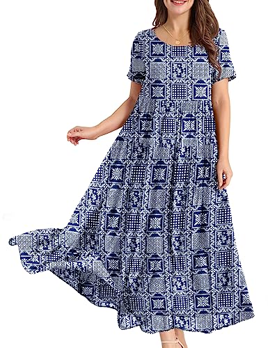 YESNO Damen Kleider Freizeit Lose Sommerkleid Lang Boho Maxikleid für Rundhals Strandkleid Blumenkleid M EJFDE Floral 408