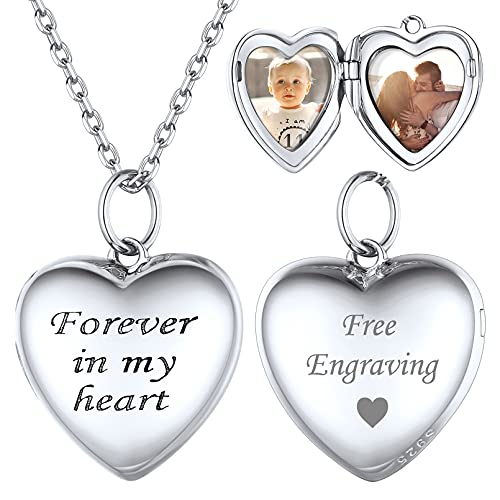 ChicSilver Damen Mädchen Herz Amulett Medaillon für 2 Foto Silber Personalisierter Photo anhänger mit „Forever in my heart“ Gravur Bildanhänger mit 40cm lang Halskette für Weihnachten Valentinstag