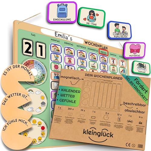 kleinglück® Wochenplaner Kinder - Montessori Magnettafel mit Gefühle, Kalender & Wetter inkl. 296 Magnete für Routinen & Kordel - beschreib- & abwischbar - Fördert kognitive Entwicklung